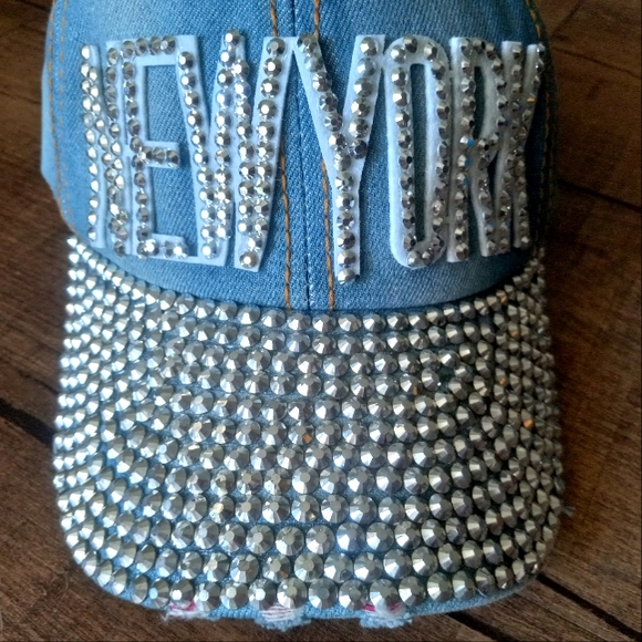 NY Rhinestone Embellished Jean Baseball Cap - Picture 1 of 6